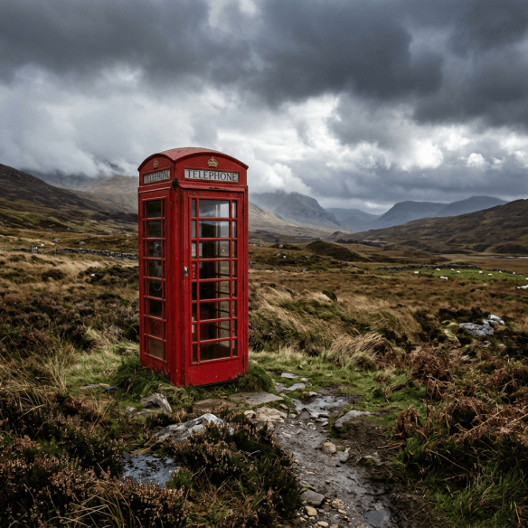 Red telephone box in a rugged Highland valley beneath storm clouds